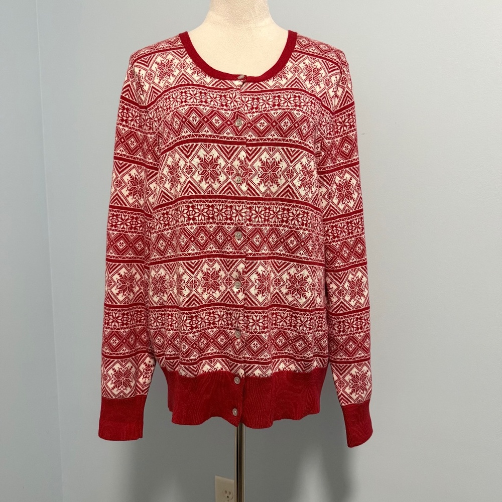 LANDS END Women's Cardigan Sweater Nordic Snowflake Button Up Cotton Size XL